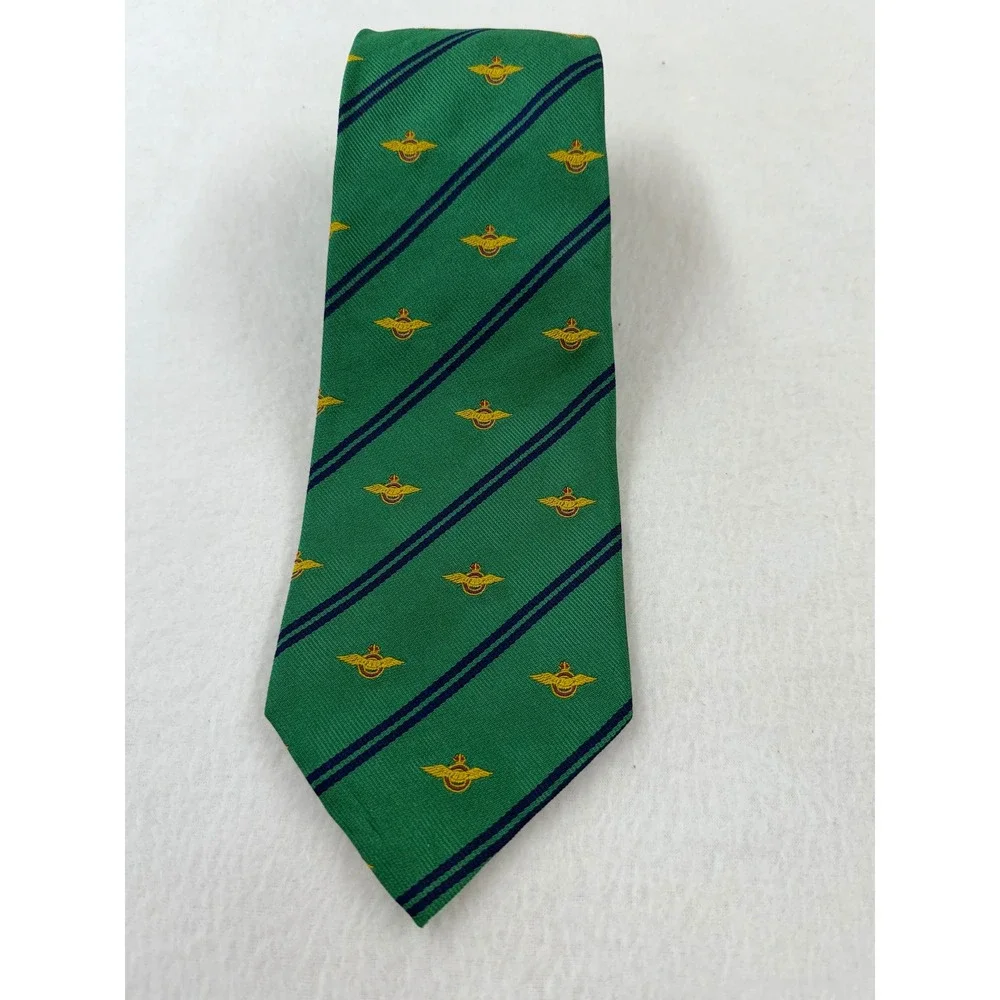 Polo Ralph Lauren Silk Tie Green Navy Blue Striped Gold Crest Embroidered Mens